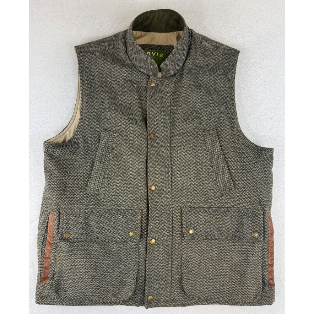 Orvis Wool Herringbone Vest Mens XL Brown Primaloft Insulated Shooting Gilet